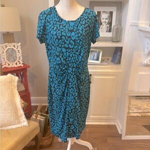 Peter Nygard Leopard Print Wrinkle Free Midi Dress. Women’s Sz-L EUC Teal Black